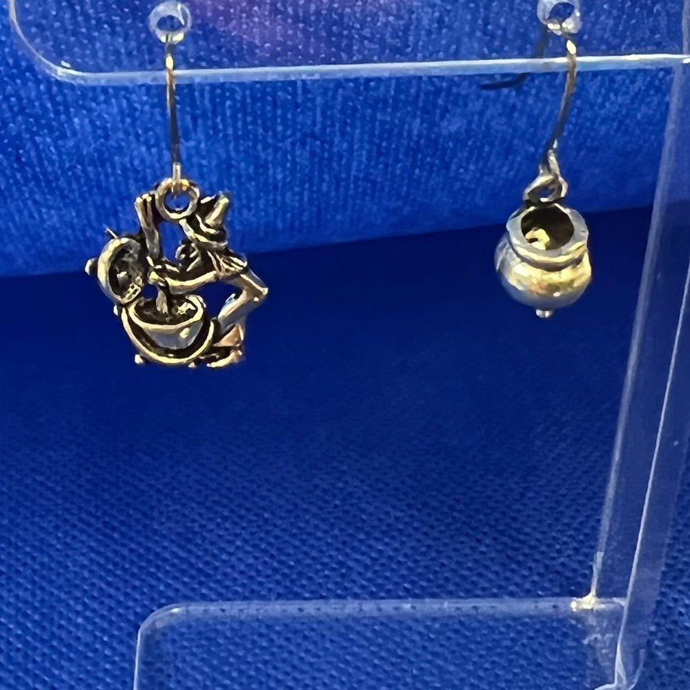Witch and Her Cauldron Halloween Silver Tone French Hook Pierced Earrings 0247